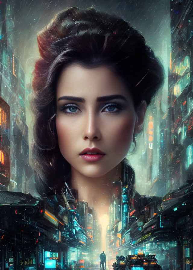 Futuristic cityscape with neon lights and raining woman's face.