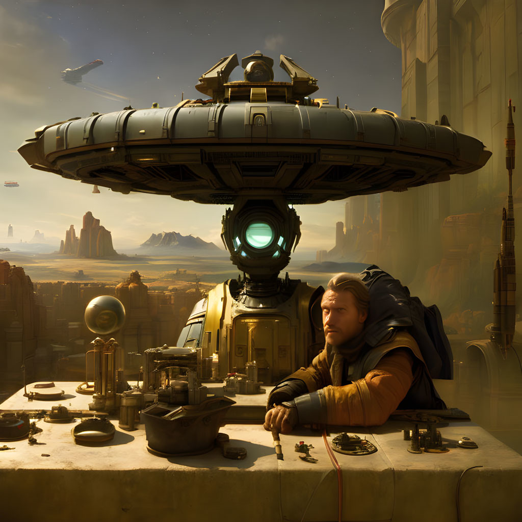 Futuristic man fixing small droid with flying saucer and buildings.