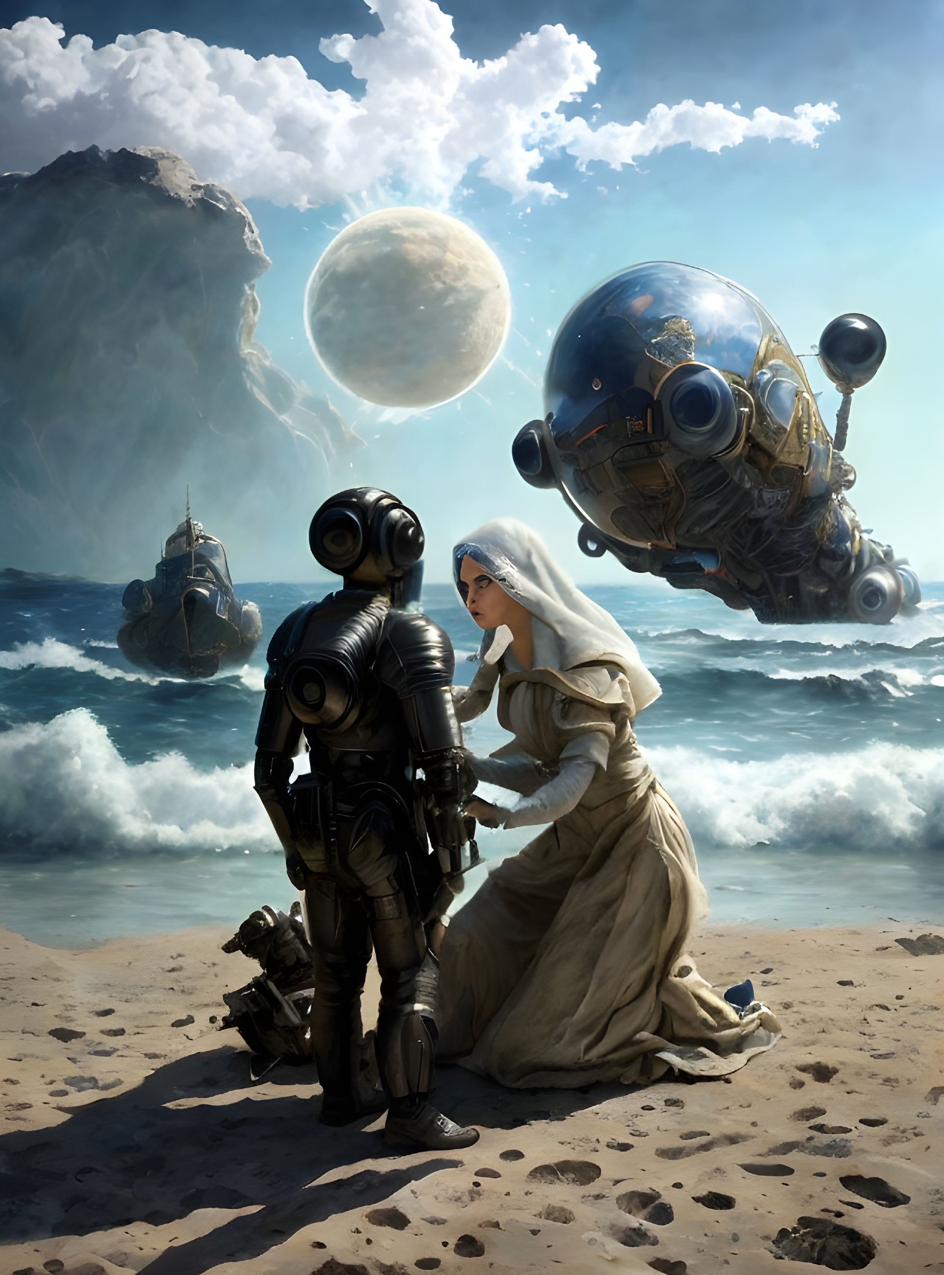 Historical woman and diver meet on beach with futuristic submarines