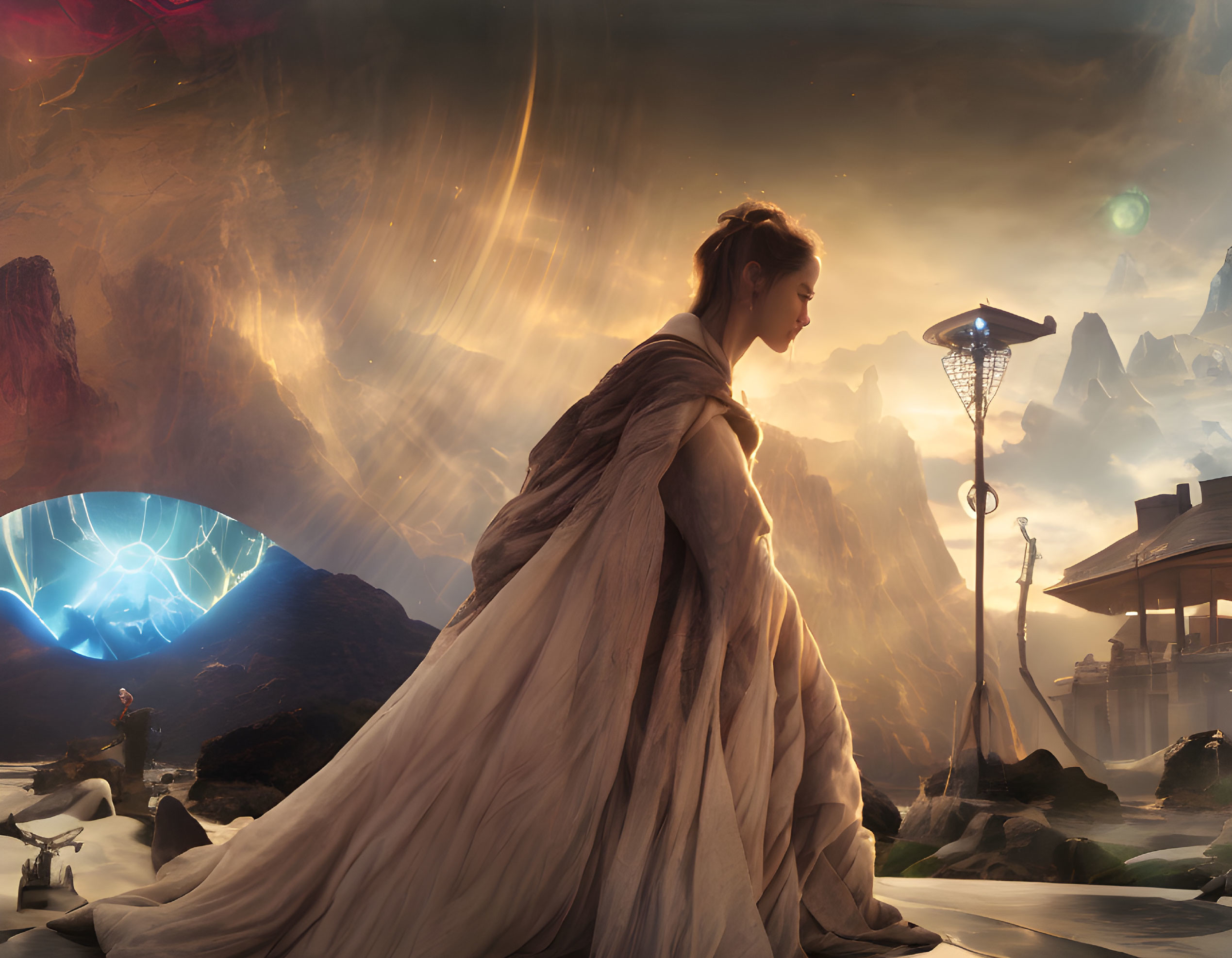 Woman in flowing robe gazes at fantastical landscape