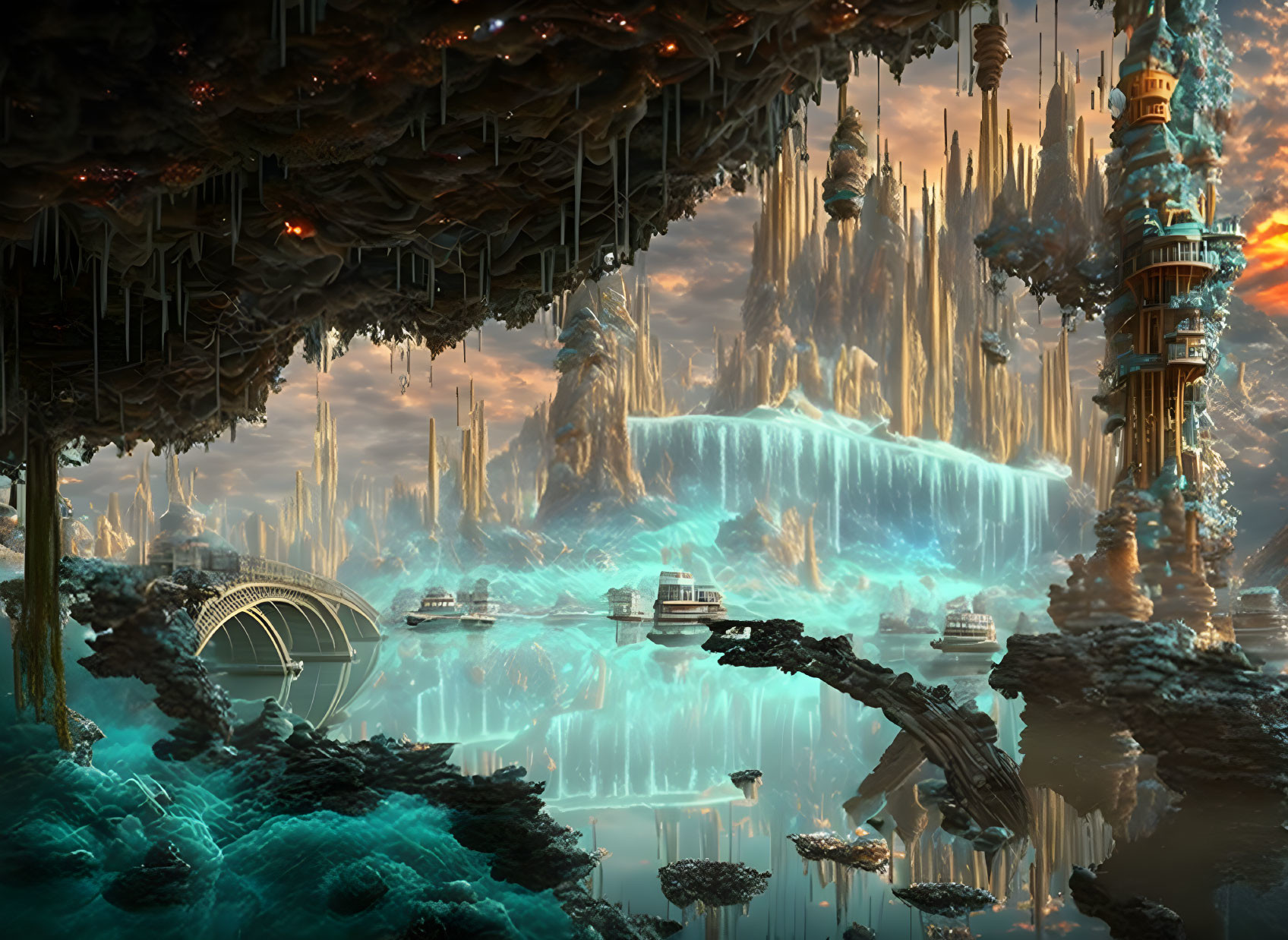 Fantastical landscape with towering spires and inverted terrain.