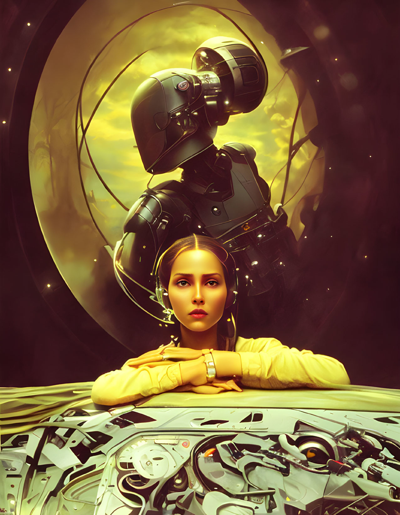 Reflective Outfit Woman at Console with Large Robotic Figure and Yellow Celestial Body