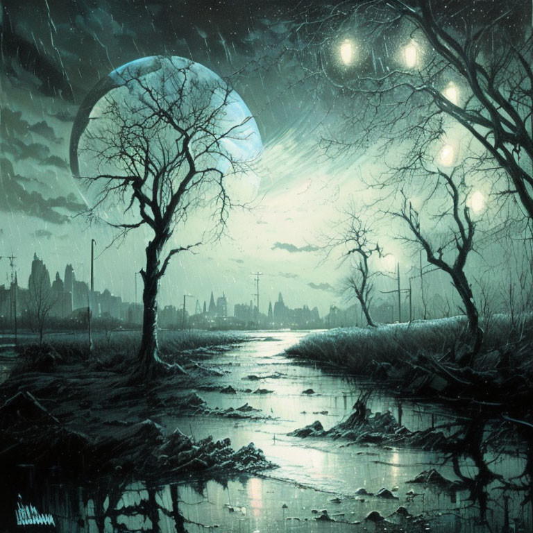 Barren tree in cityscape with moon and glowing orbs reflected in water