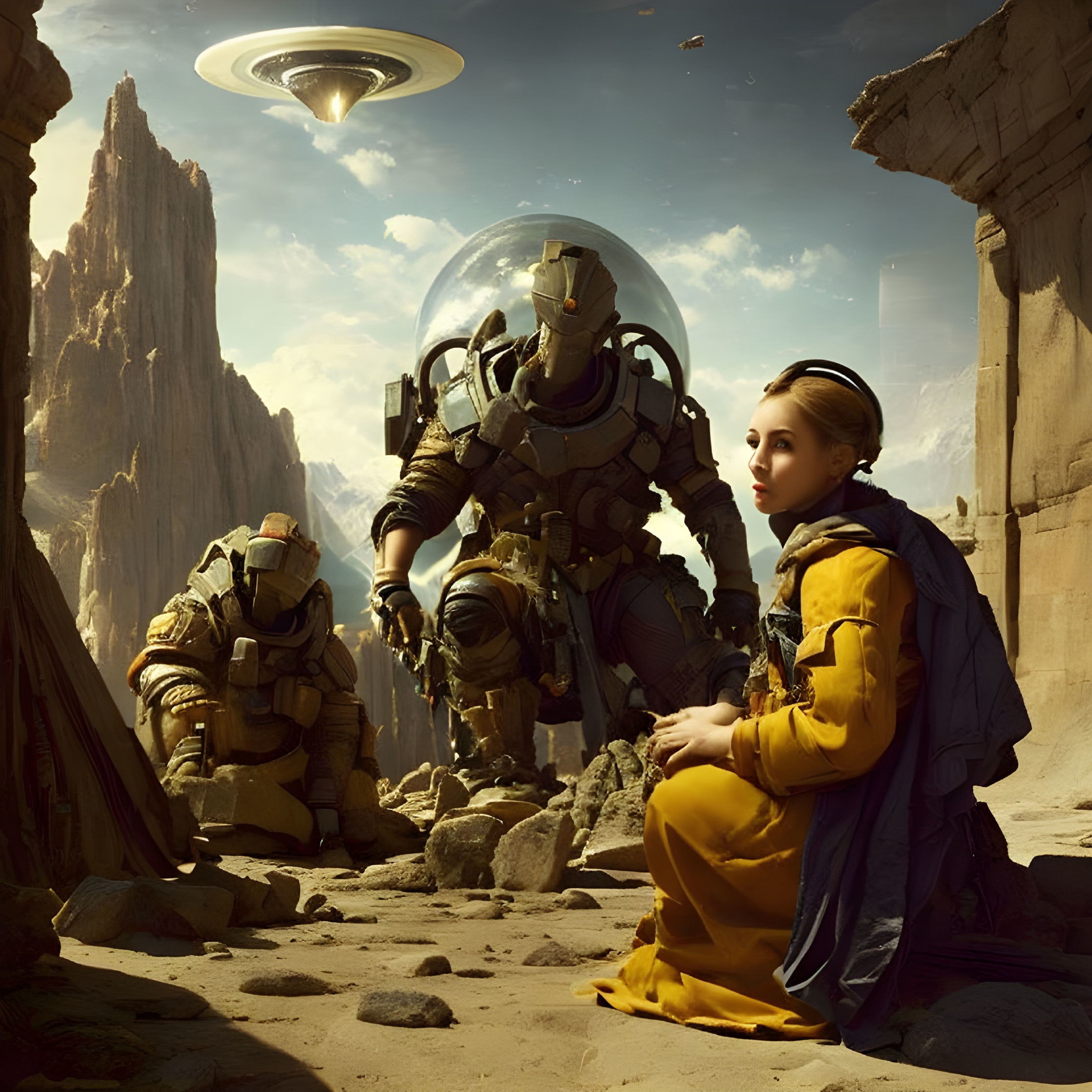 Yellow Cloaked Woman and Armored Figure in Desert Landscape with Ruins and Spacecraft