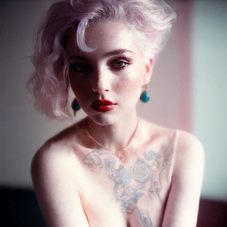 Pensive woman with lavender hair and floral tattoo portrait.