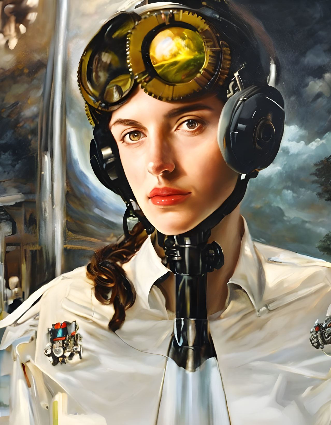 Portrait of woman in pilot uniform with goggles and headset against aviation-themed abstract backdrop