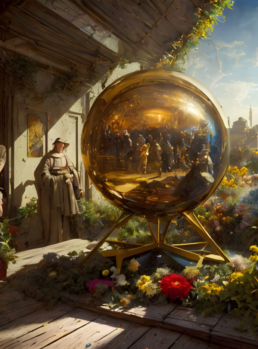 Vintage-clad woman gazes at golden sphere in sunny flower-filled porch