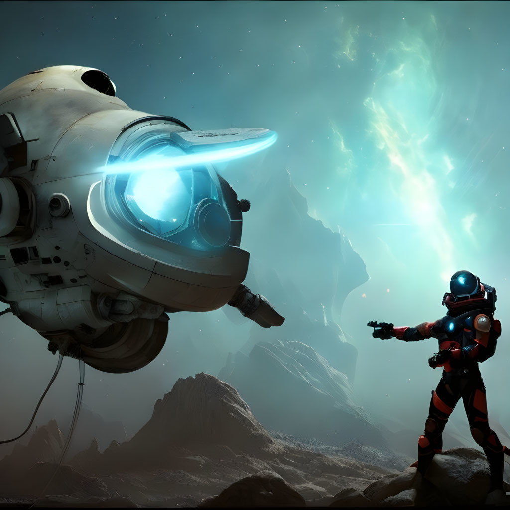 Astronaut confronting robotic head in rocky landscape under bright nebula