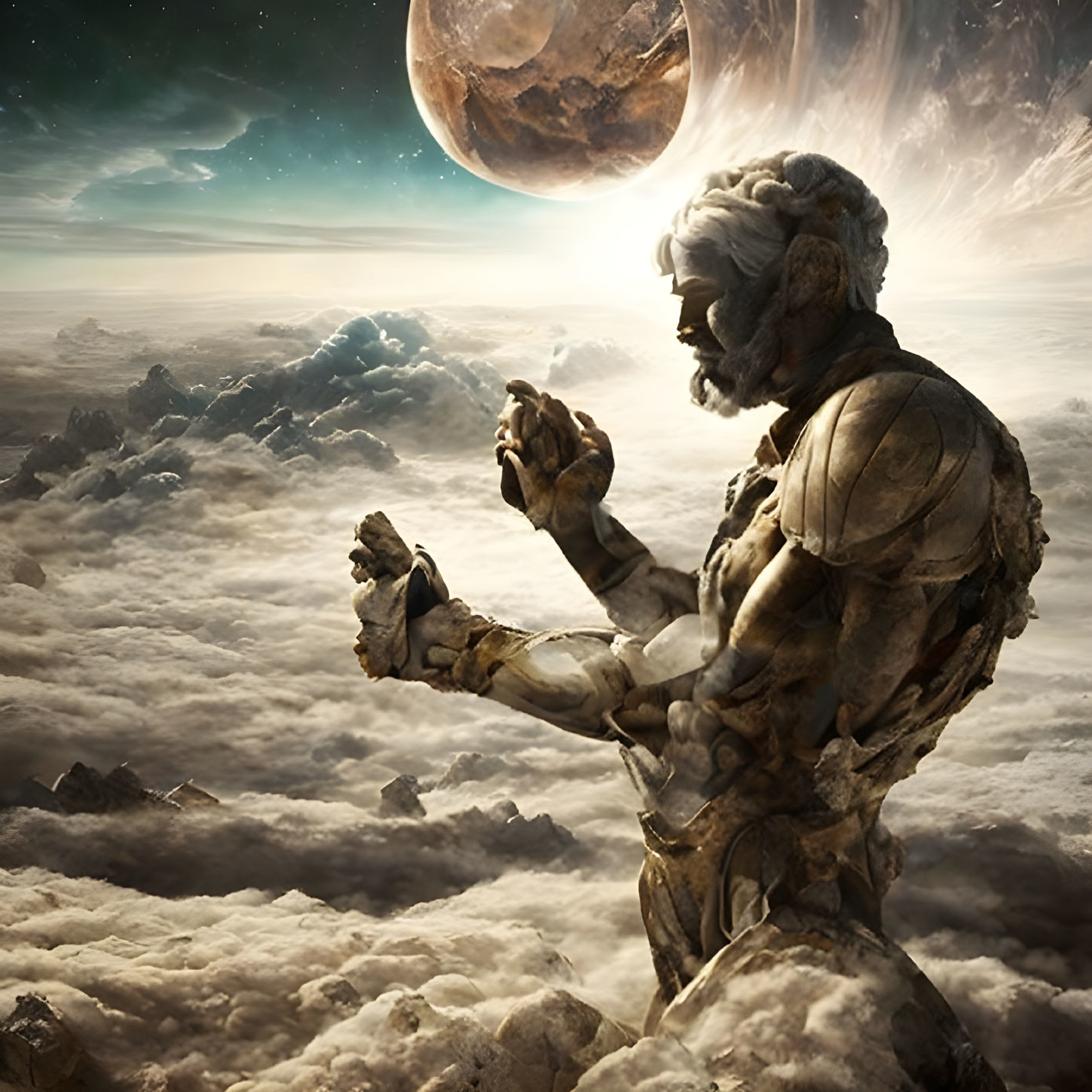 Giant stone statue of bearded man in cloudy sky with planet background