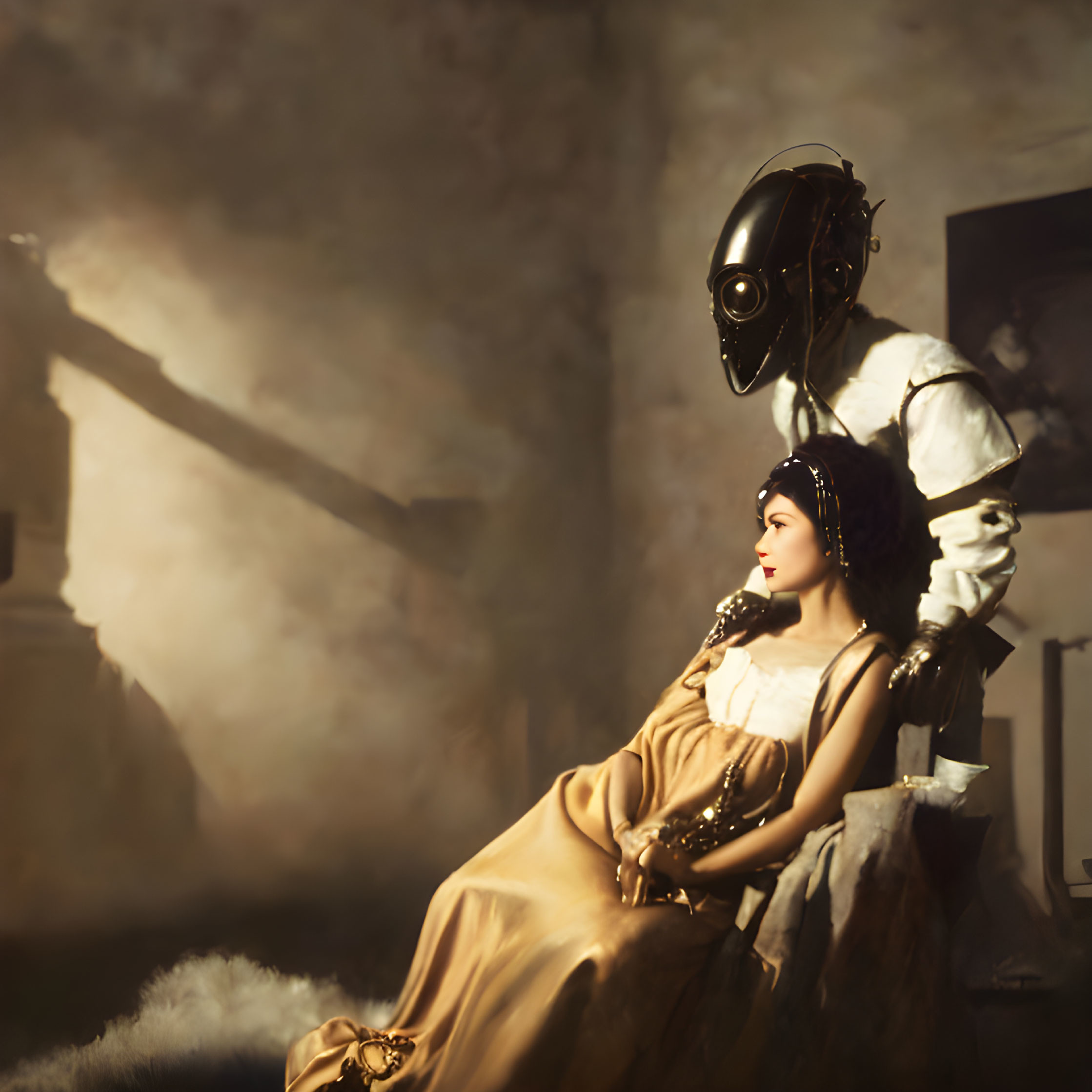 Historical woman with humanoid robot in dramatic lit room