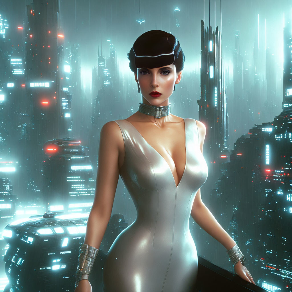 Futuristic woman in silver suit against cityscape backdrop