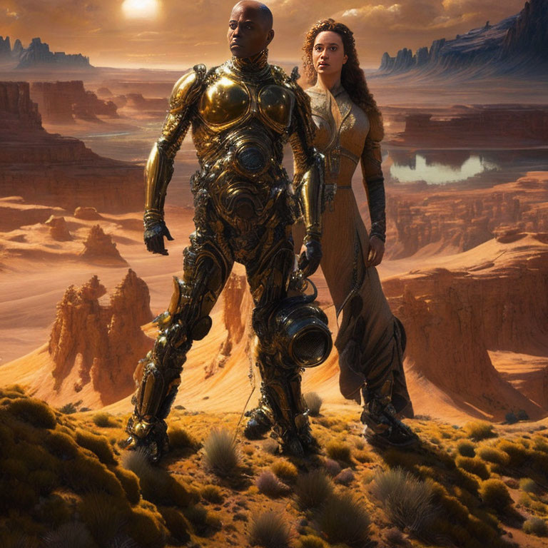 Golden-armored humanoid robot and woman in desert landscape with cliffs and river.