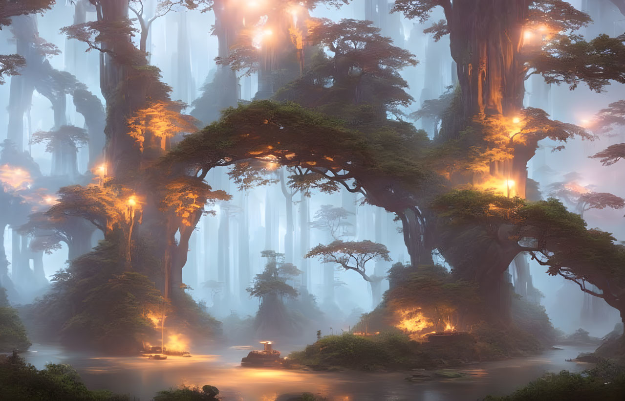 Enchanted forest with fog, towering trees, ethereal lights, and tranquil river