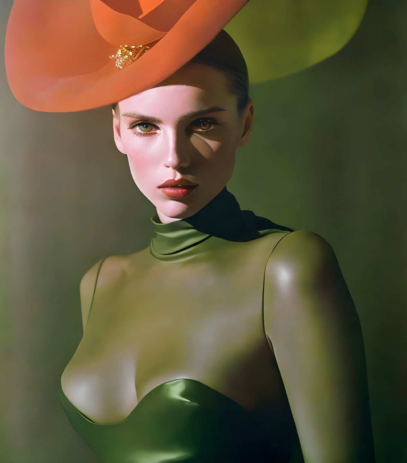 Stylized portrait of a woman in orange hat and green outfit