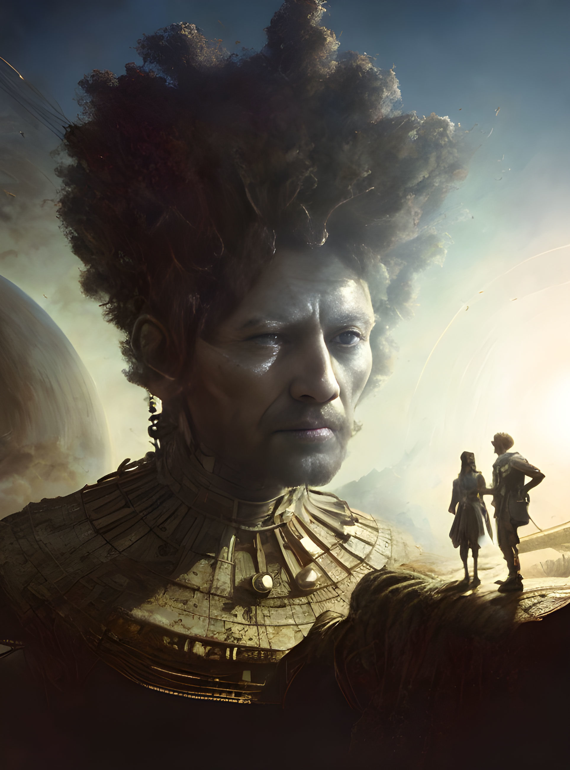 Surreal portrait with tree-like head, armored body, and celestial backdrop