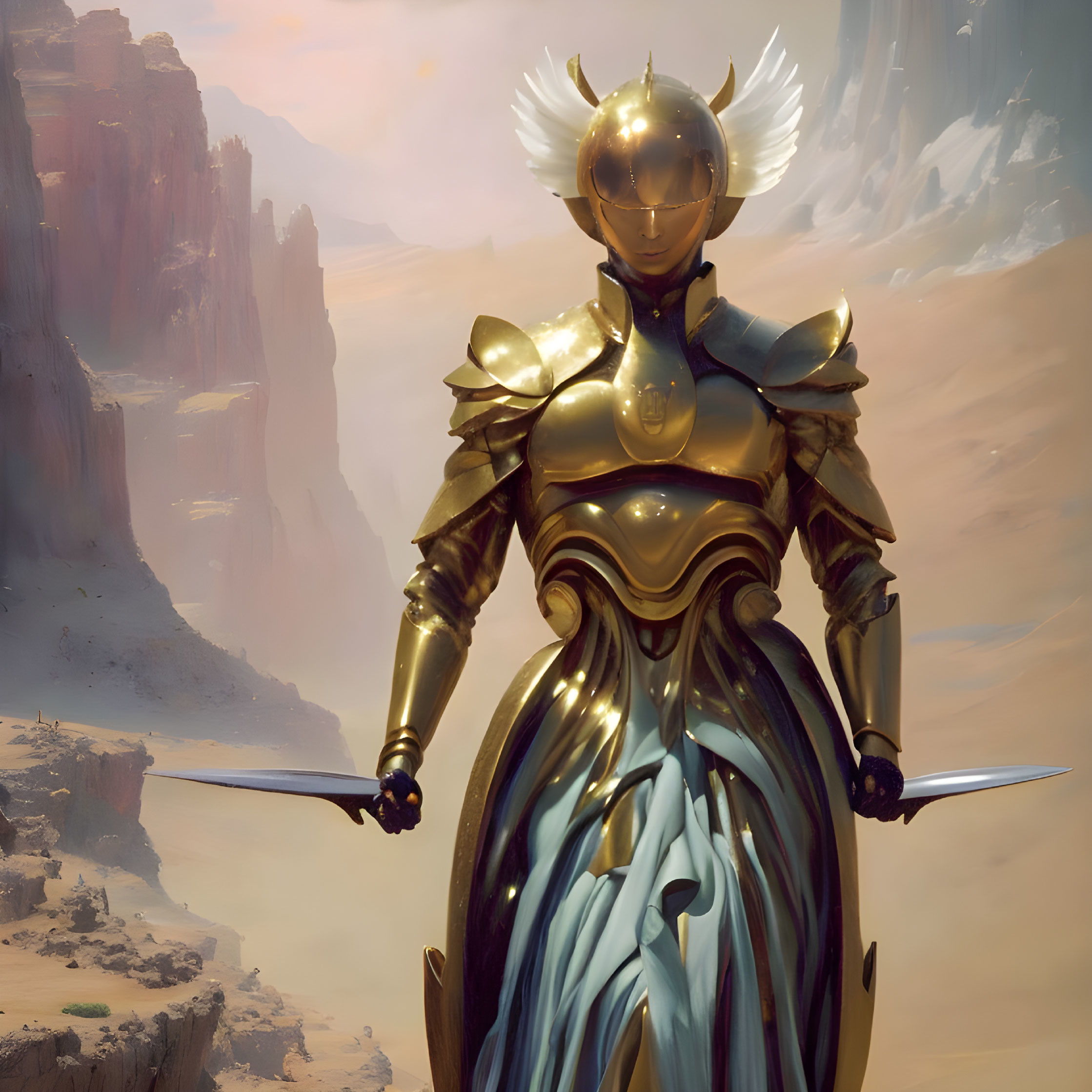 Golden-armored figure with swords in cliff backdrop