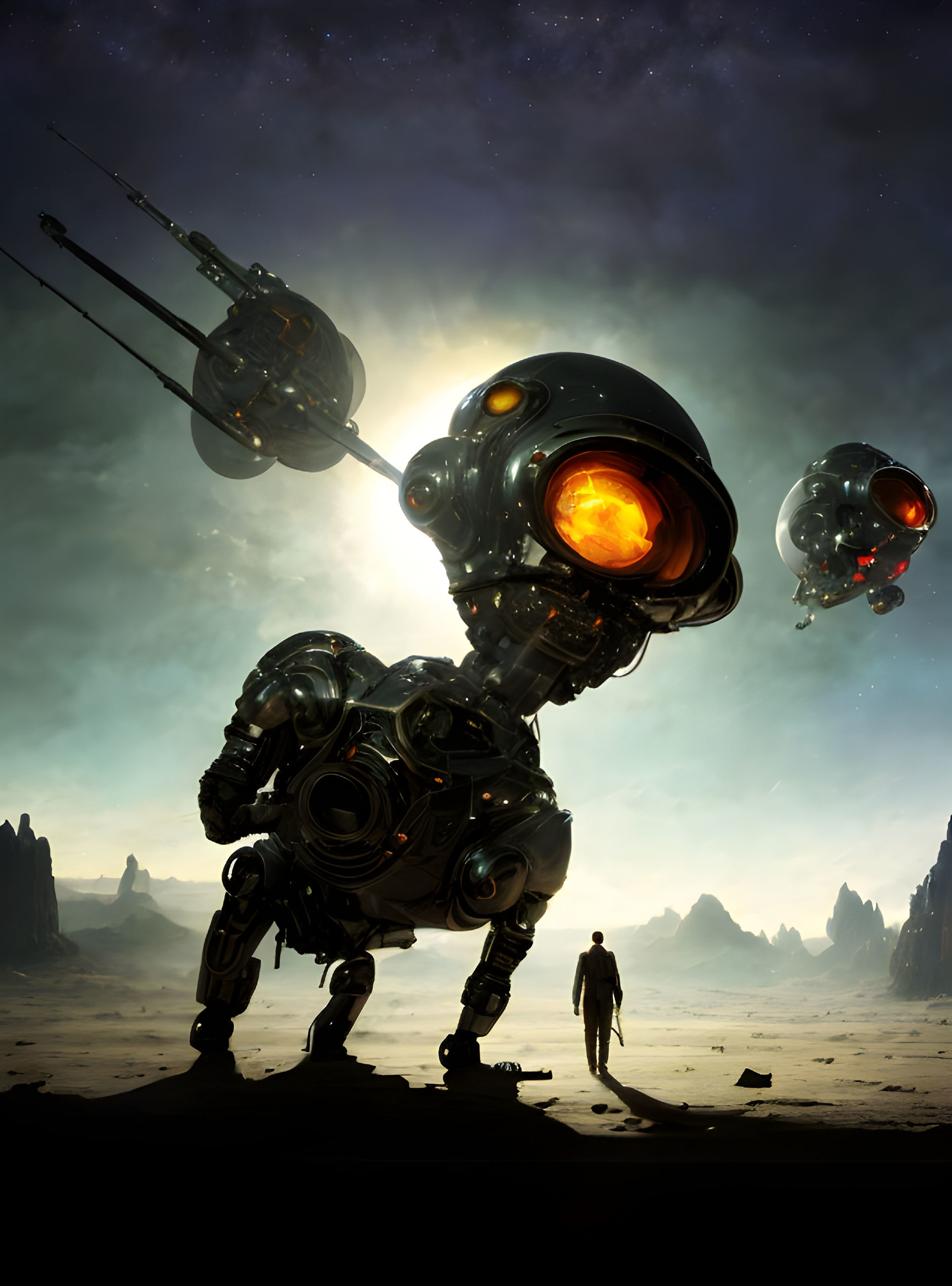 Person on alien landscape with ominous robots under starlit sky