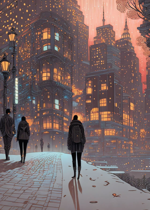 Fantastical dusk cityscape with tall buildings and glowing snowflakes.