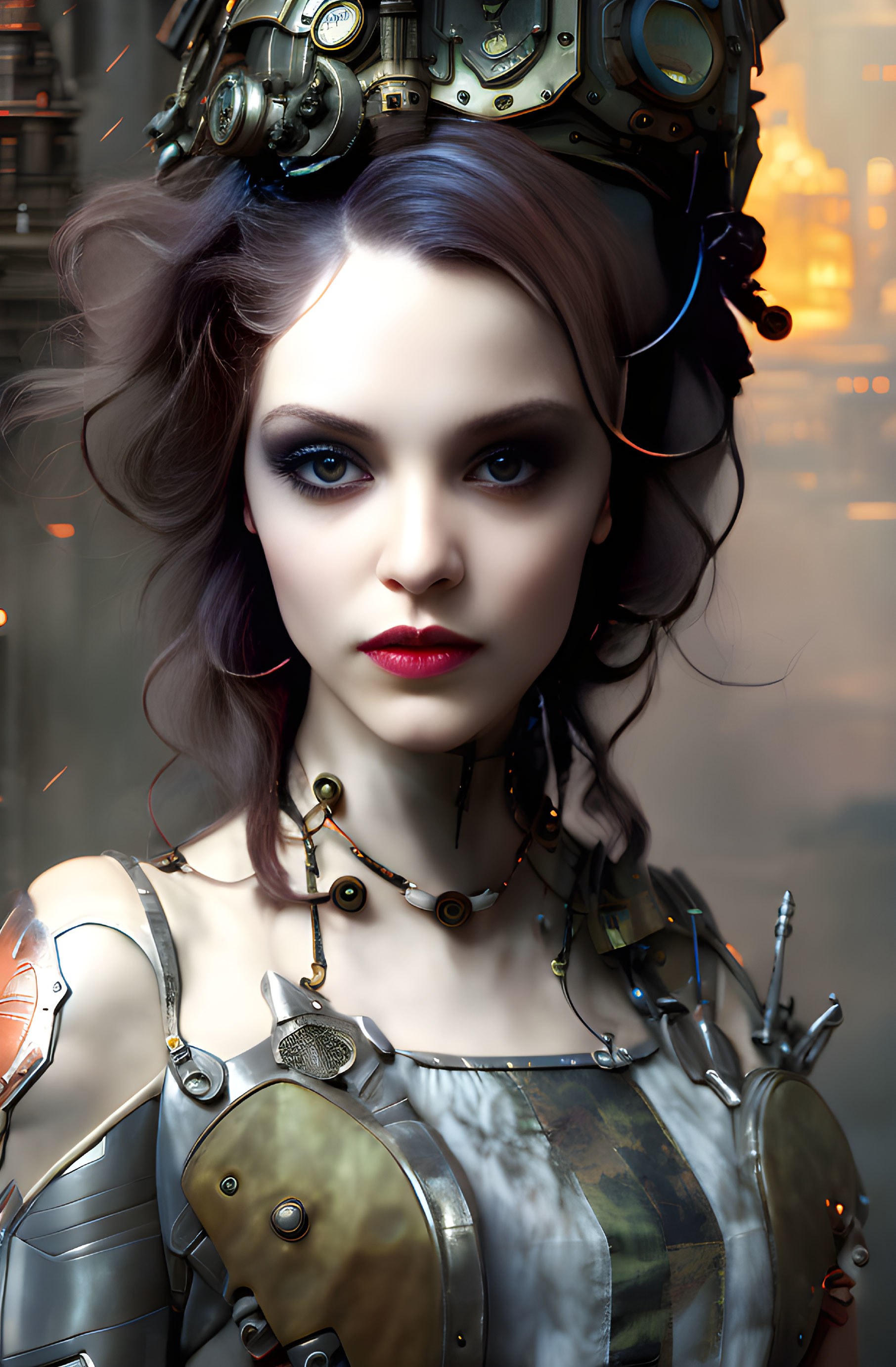 Realistic digital portrait of female cyborg with intricate headgear and metallic armor.