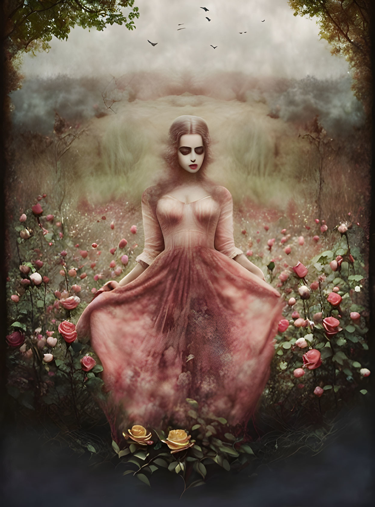 Woman in Red Dress in Misty Rose-filled Woodland with Birds