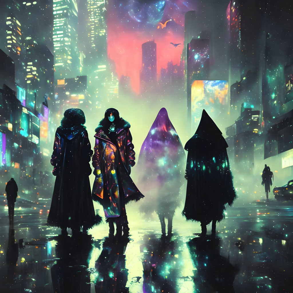 Futuristic cloaks on three figures in neon-lit cityscape