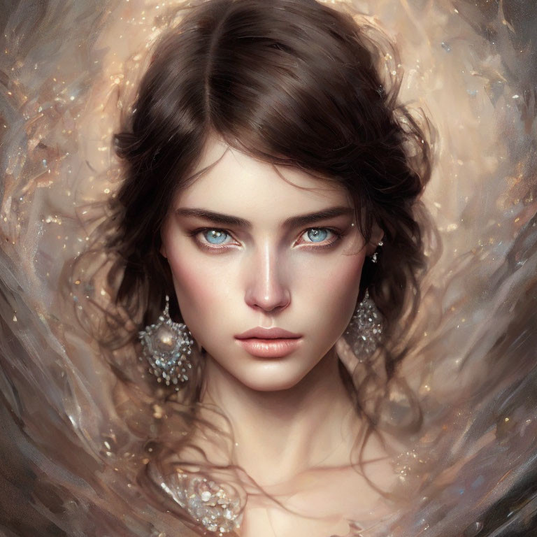 Detailed digital portrait of woman with blue eyes, wavy hair, ornate earrings, and golden swirl