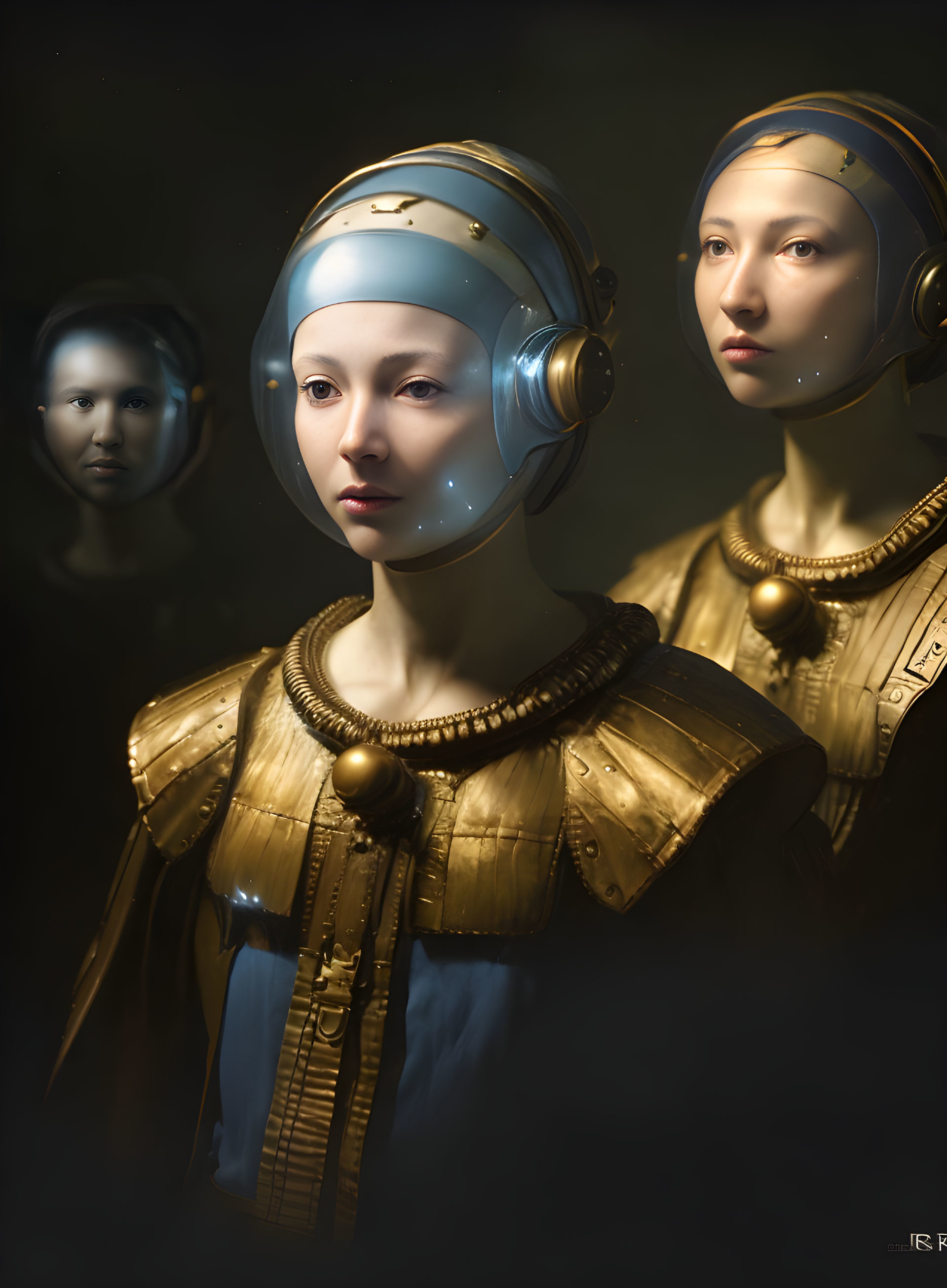 Three Women in Futuristic Golden Helmets and Traditional Attire