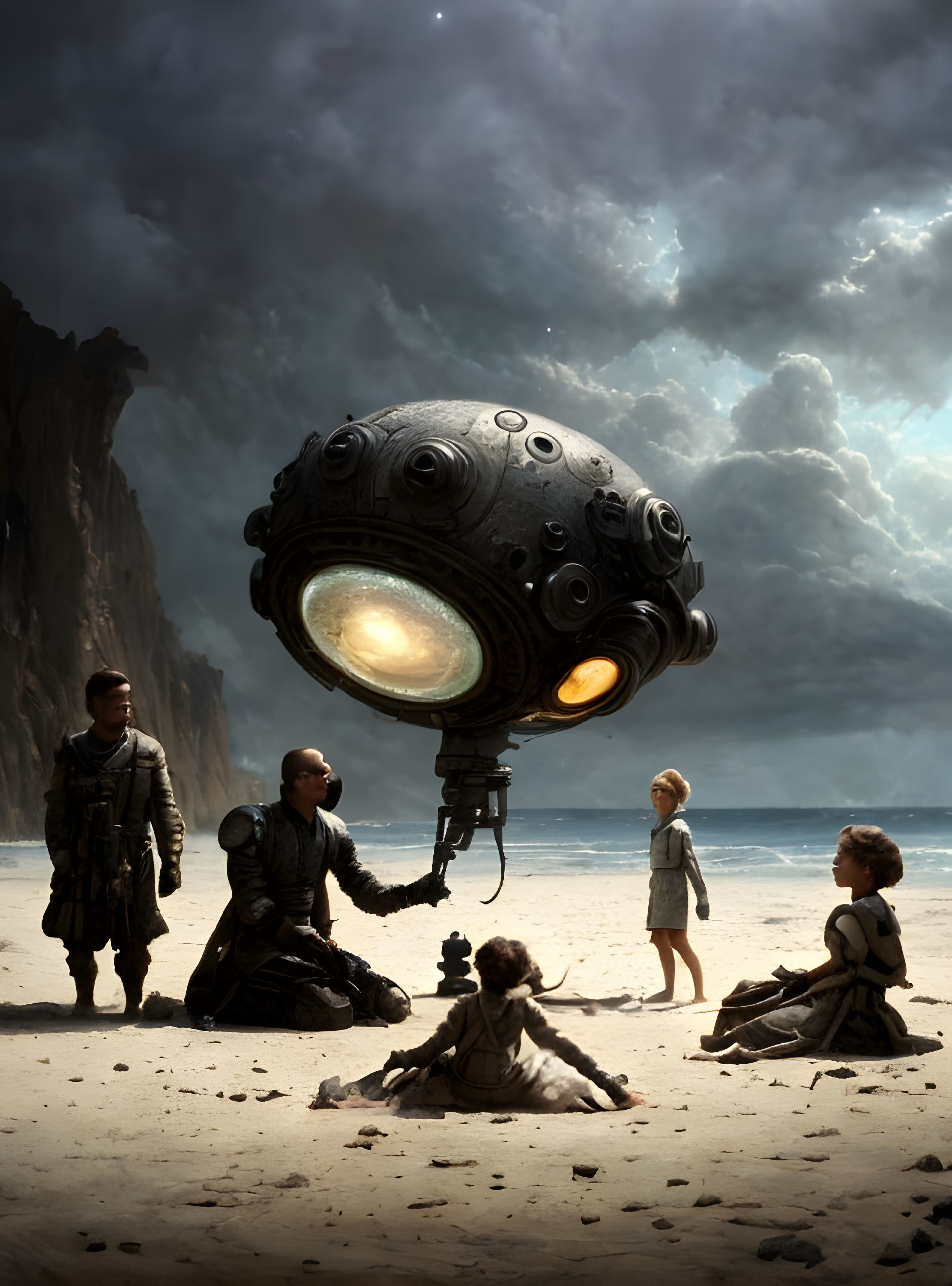 Group of people at dramatic beach with futuristic spherical robot