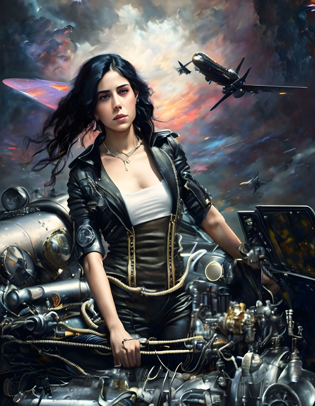 Woman in corset and leather jacket in steampunk setting with plane and machinery