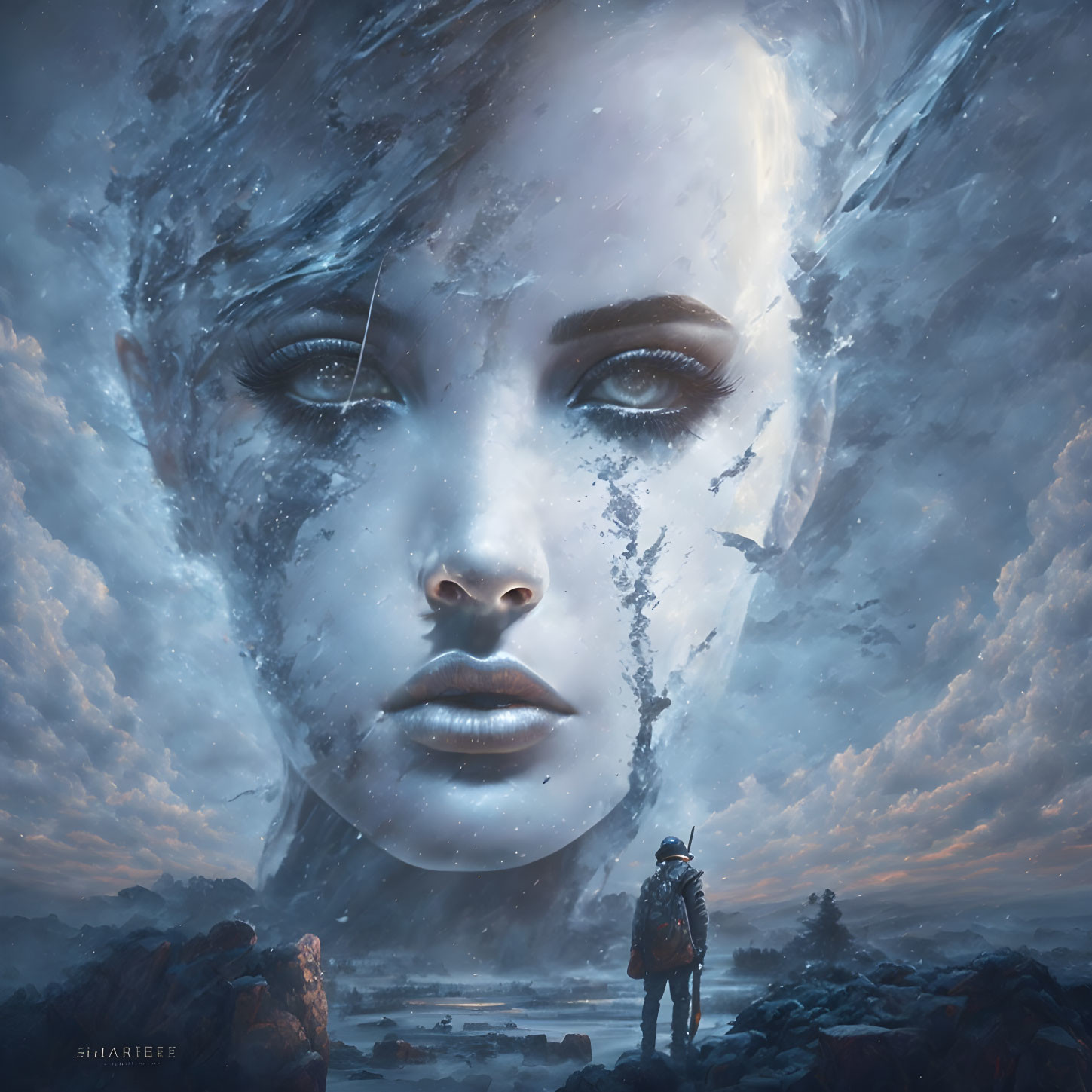 Surreal image of person gazing at colossal ethereal female face in stormy clouds