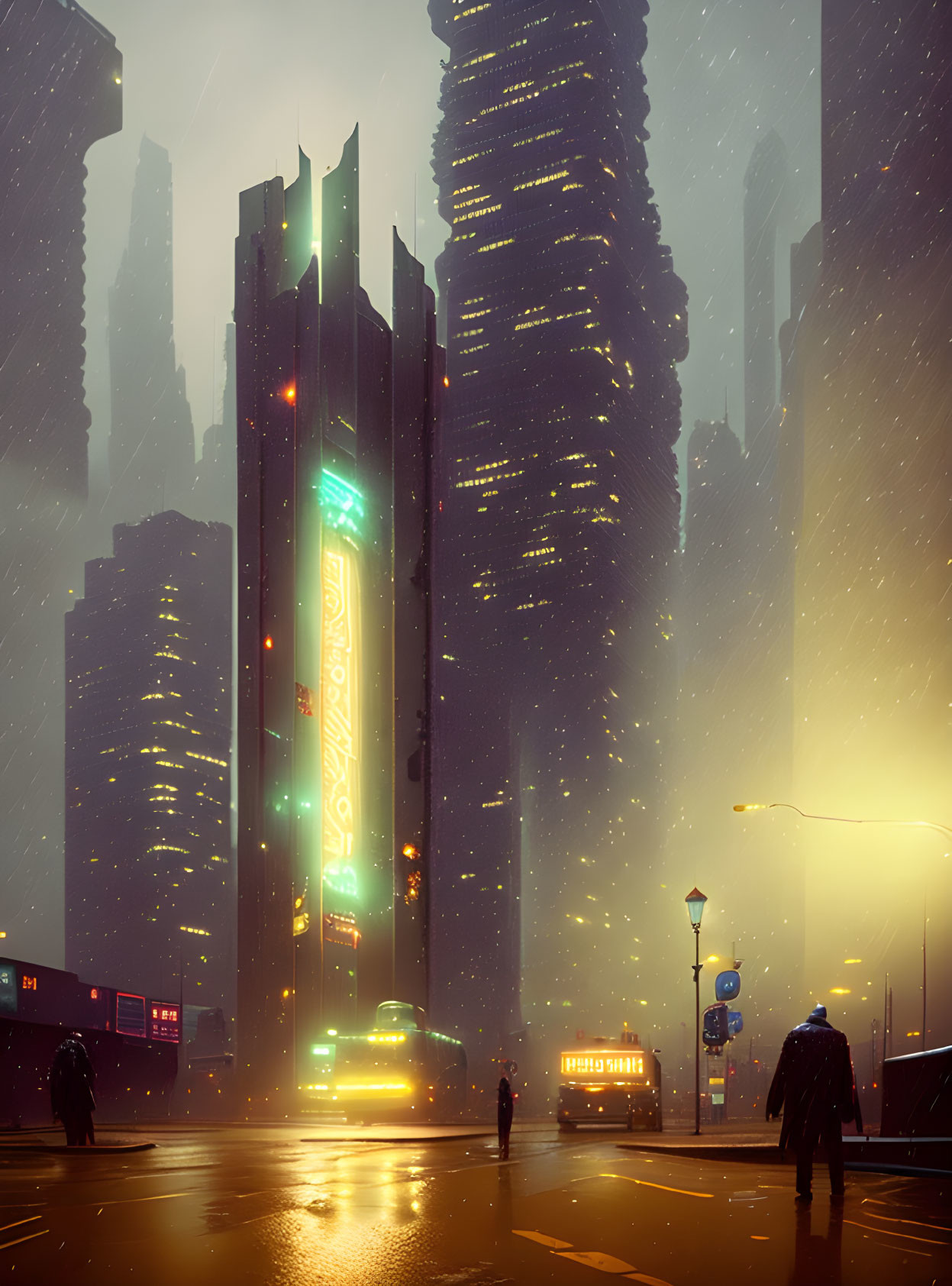 Cyberpunk cityscape at dusk with skyscrapers and neon signs