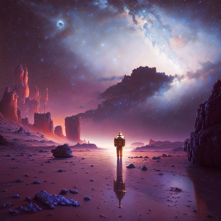 Fantastical landscape with red cliffs, starry sky, and lantern reflection.