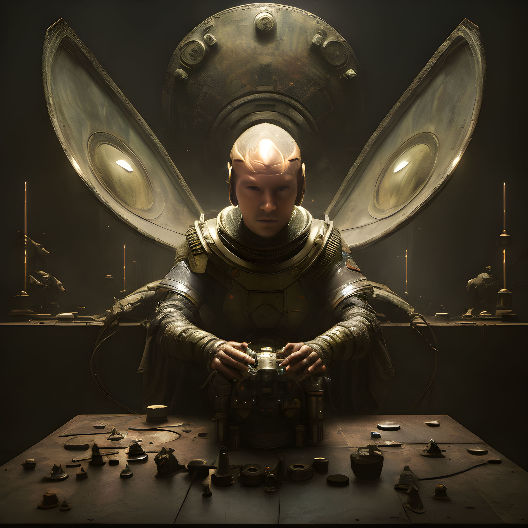 Futuristic bald figure in intricate armor with mysterious objects at table under ornate circular structure