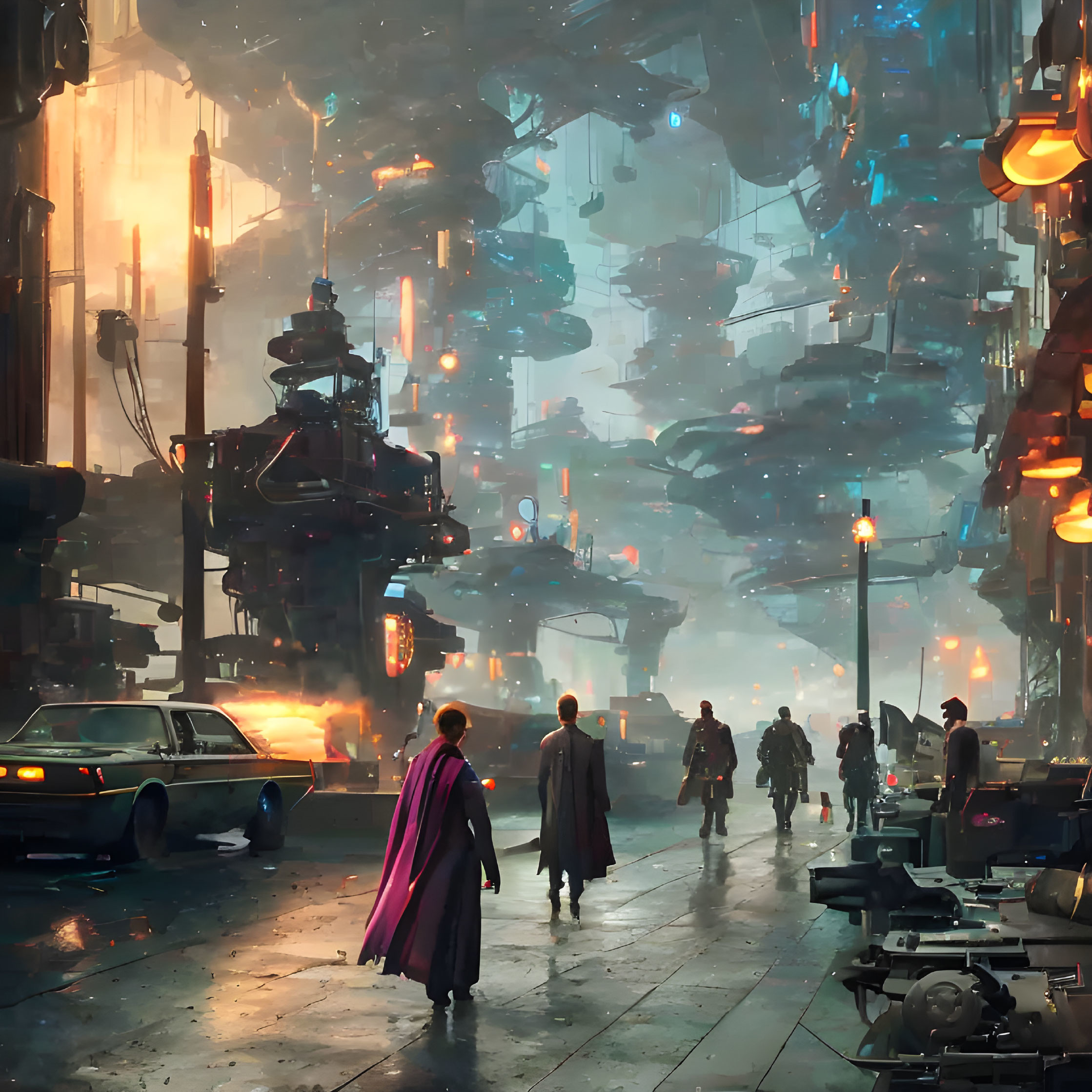 Futuristic dystopian cityscape with neon lights and flying vehicles