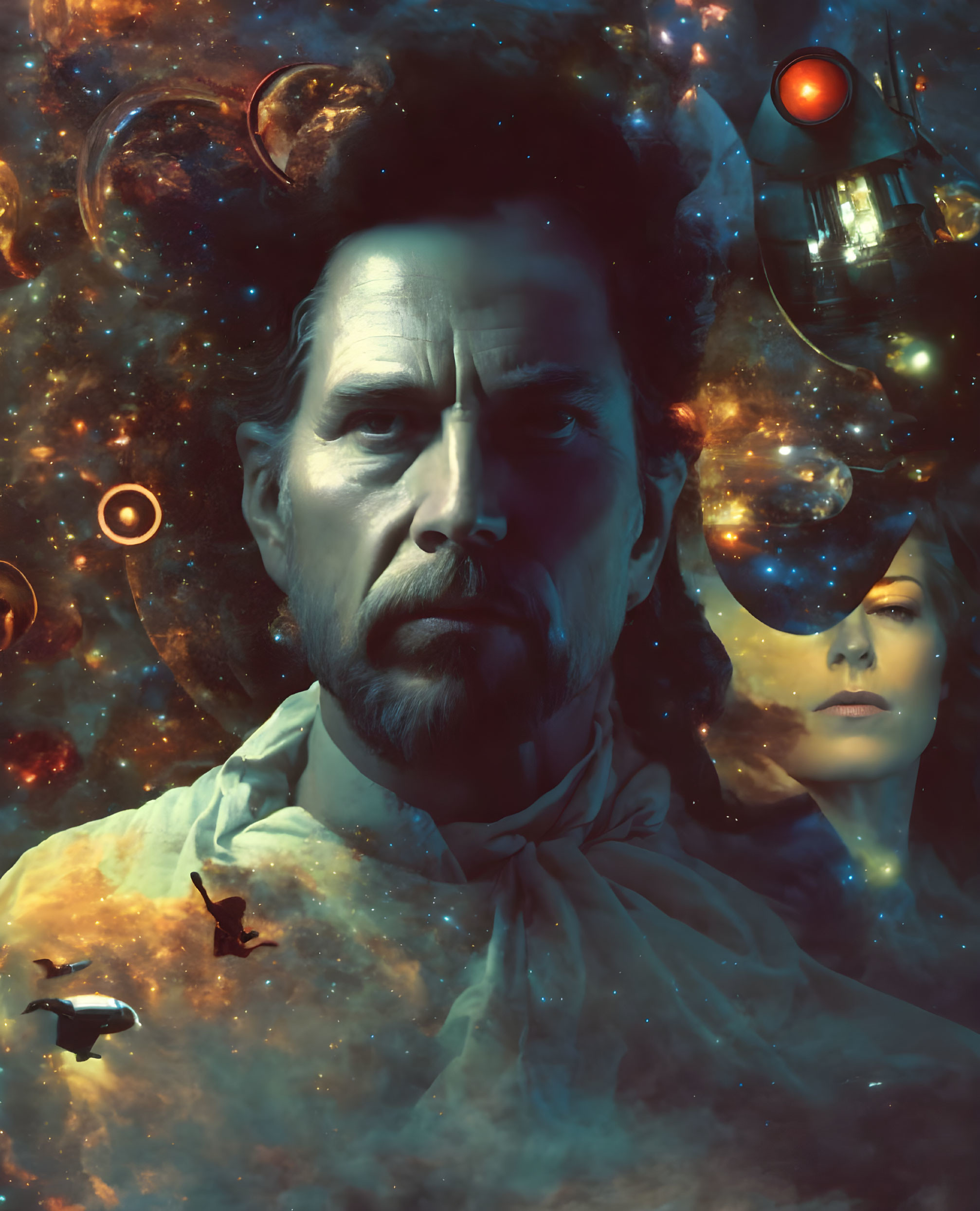 Surreal portrait with somber man, space elements, bubbles, woman's silhouette, vintage diving