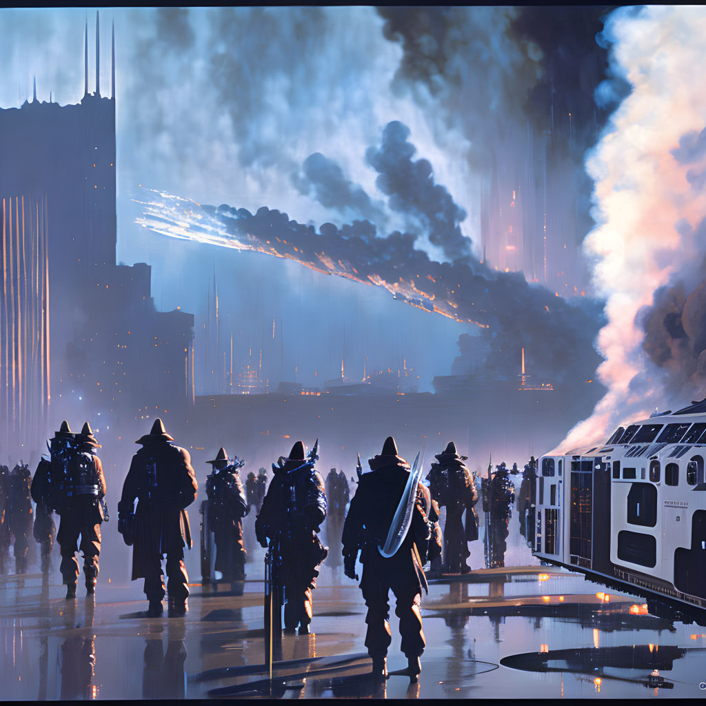 Futuristic soldiers in silhouette march towards dystopian cityscape