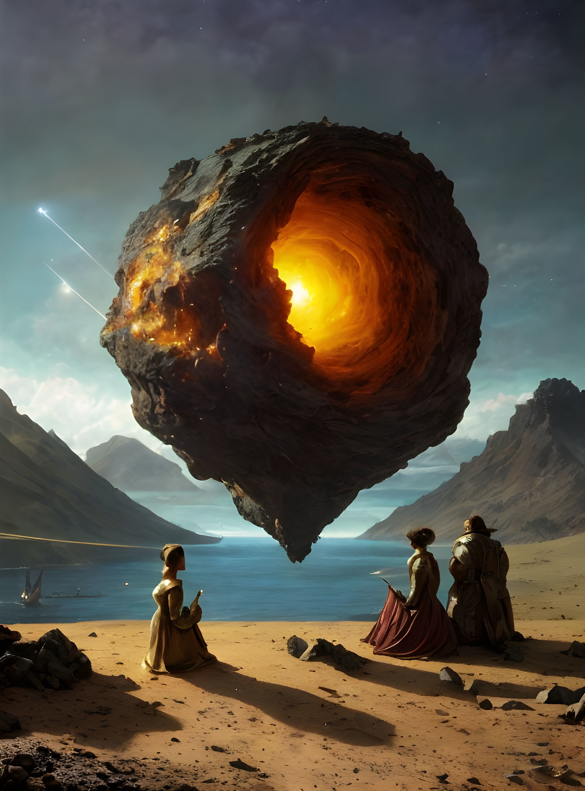 Vintage-dressed trio gazes at fiery floating rock by lakeside