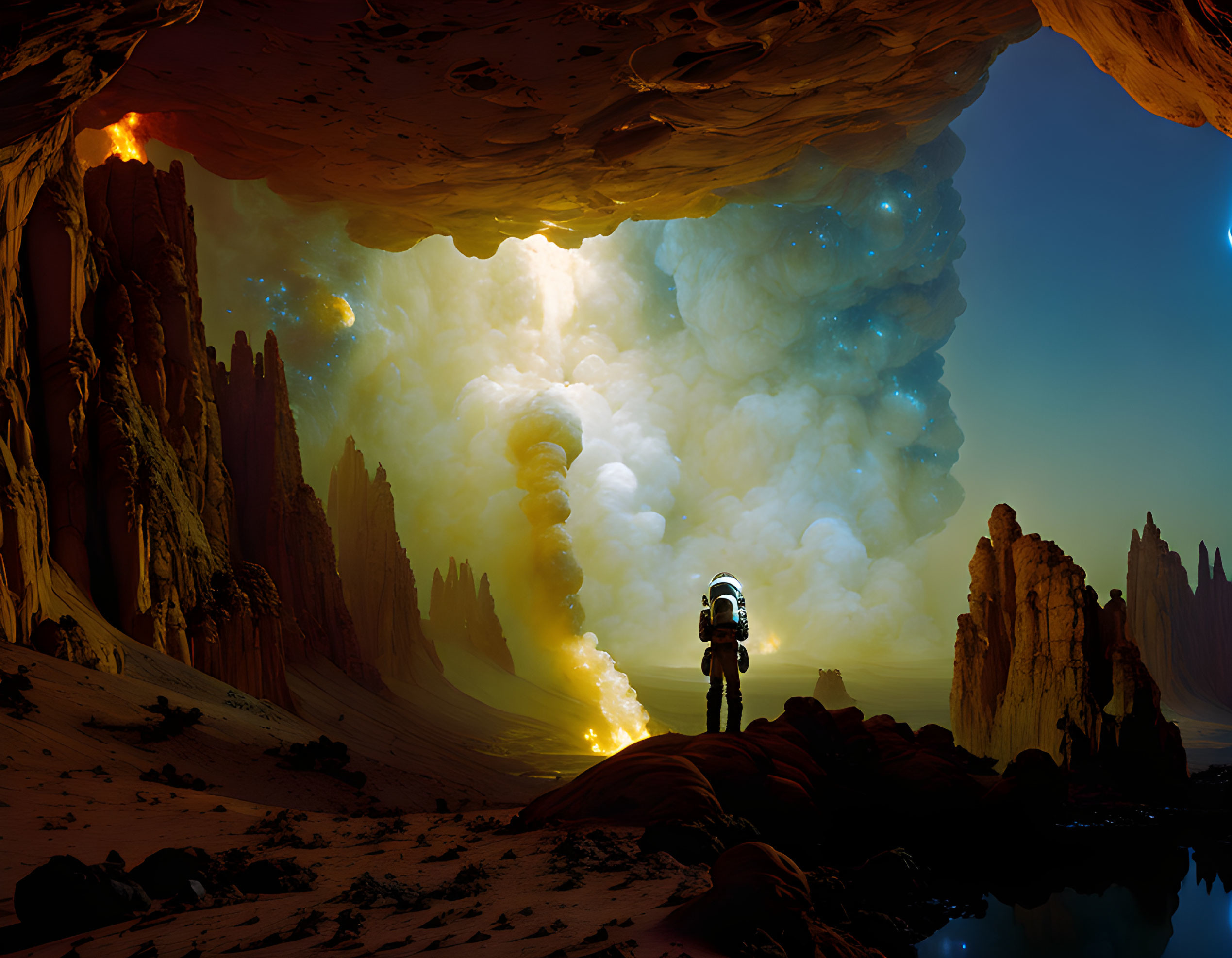 Astronaut in alien landscape views cosmic cloud formation