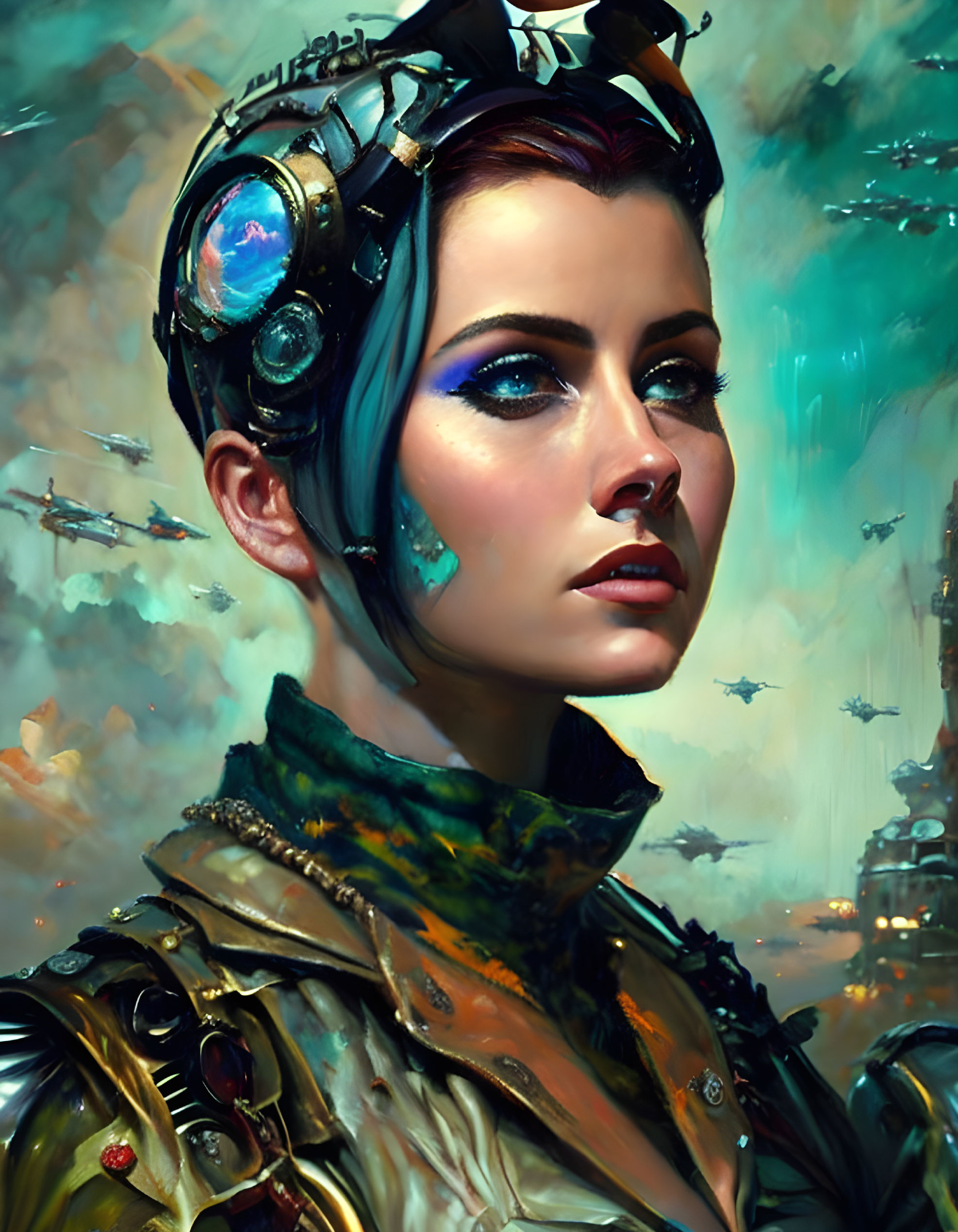 Futuristic digital artwork of woman with vibrant makeup and sci-fi outfit