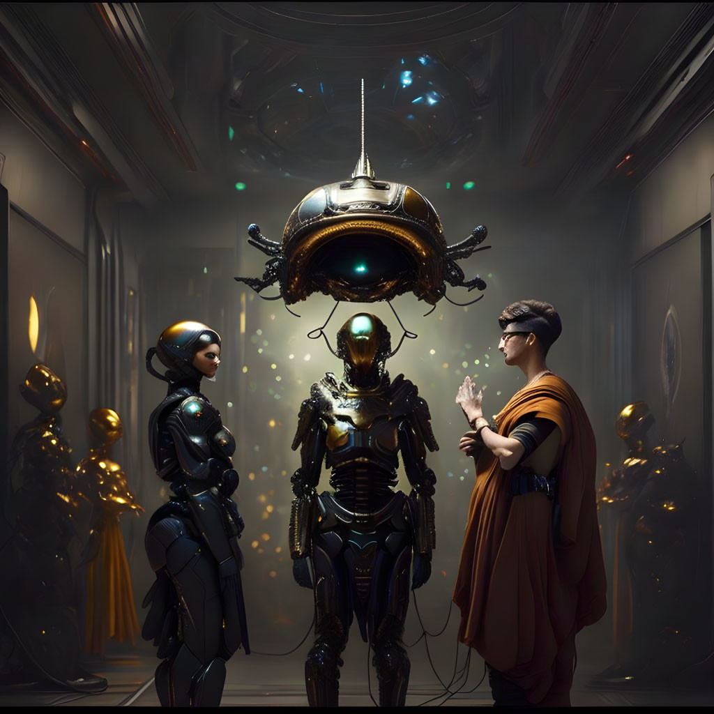 Futuristic scene: Two humanoid robots, human, drone in dimly lit corridor