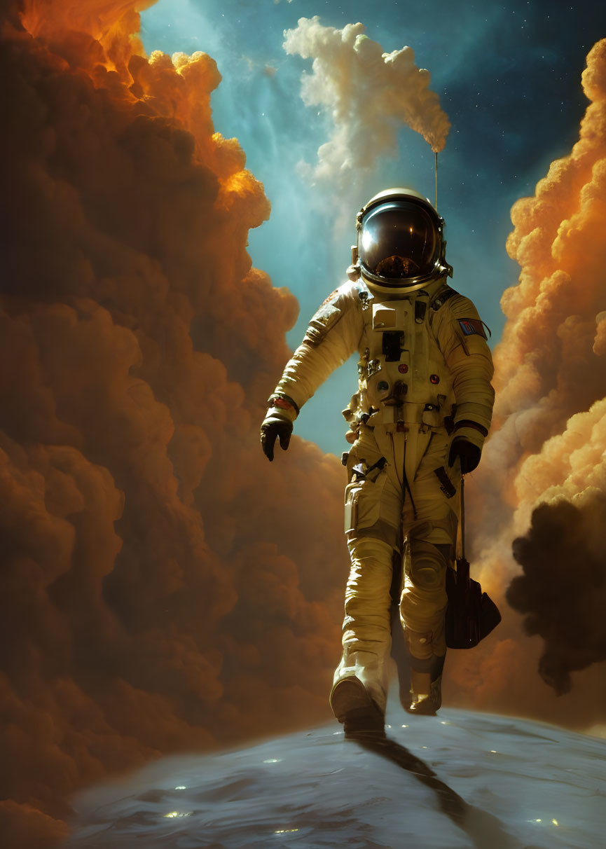 Astronaut in spacesuit surrounded by golden clouds and star-filled sky