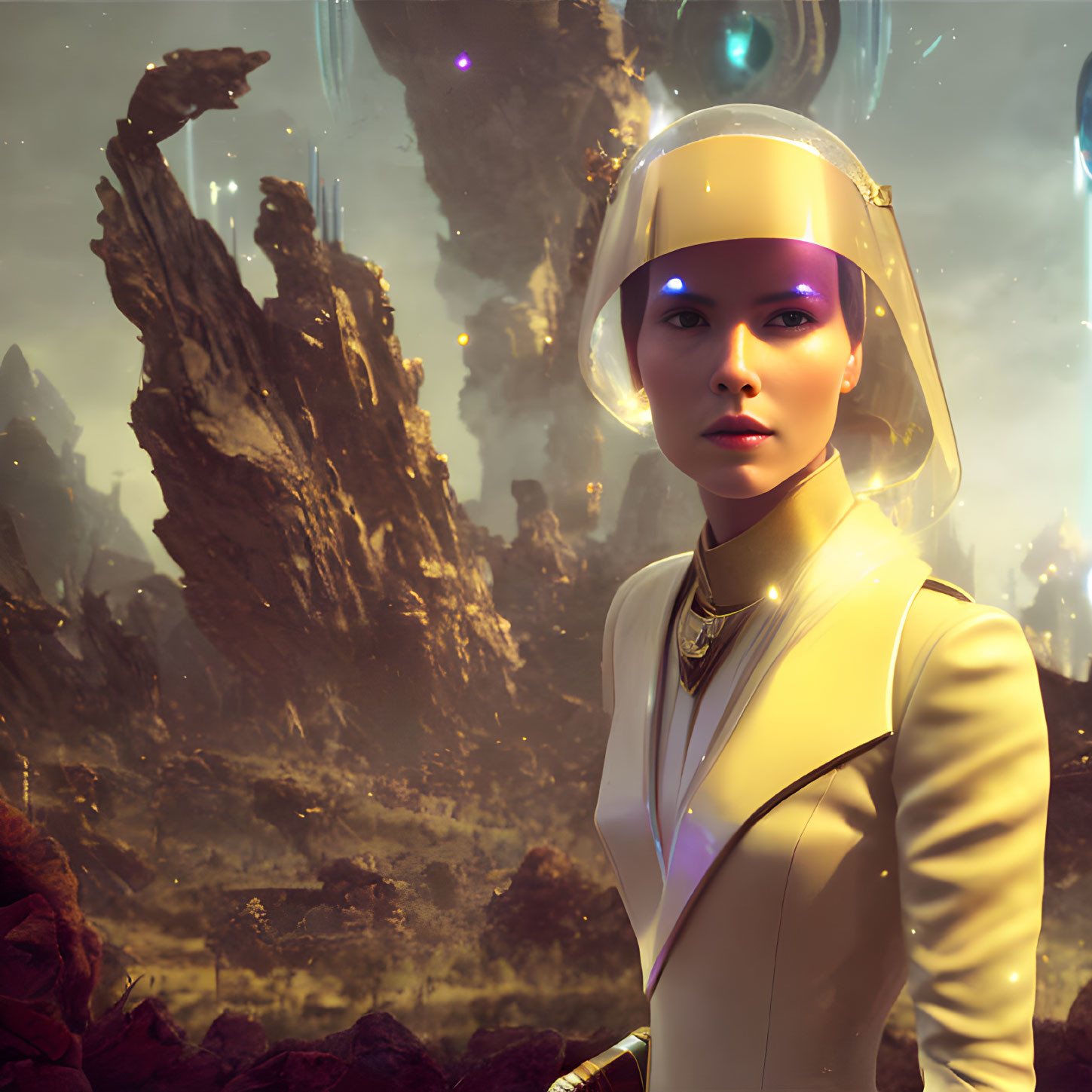 Futuristic woman in helmet and suit on alien landscape