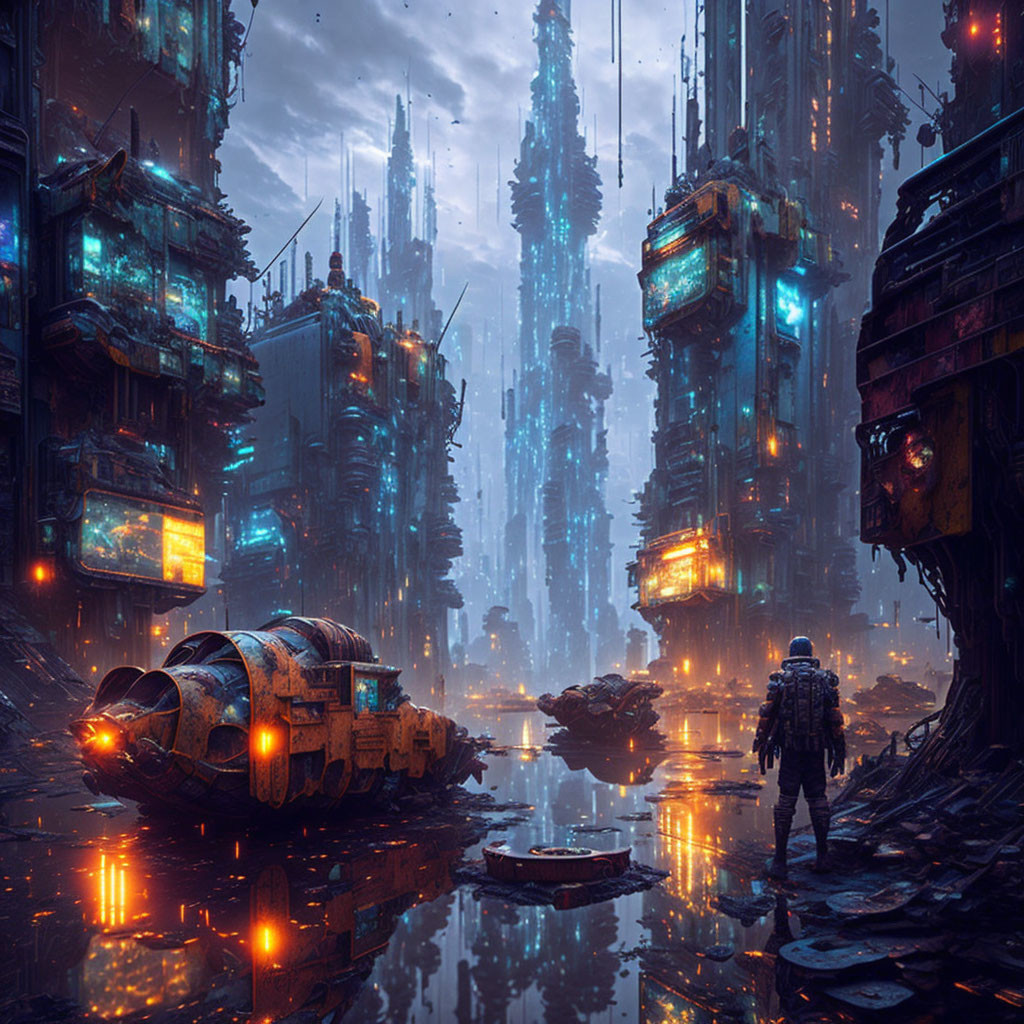 Futuristic cityscape with person near water and derelict spaceship