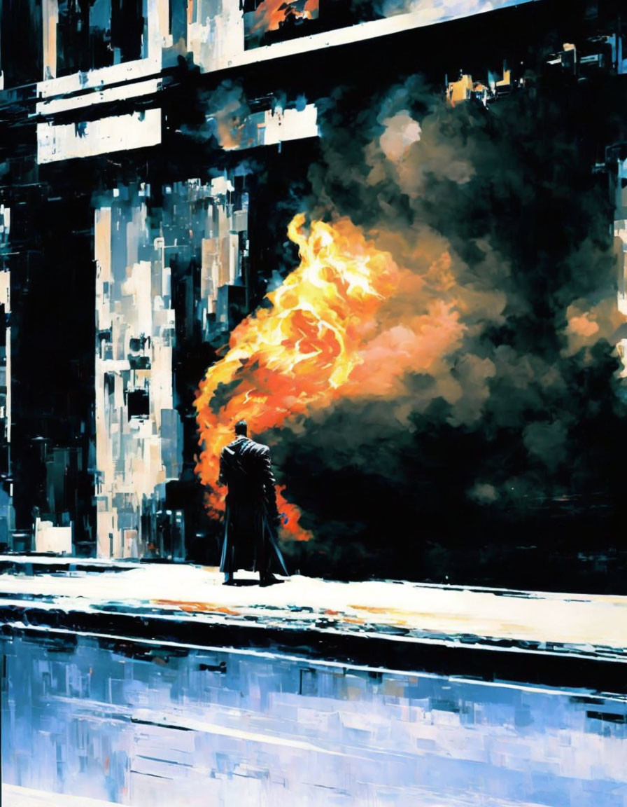 Solitary figure by large fire in urban setting