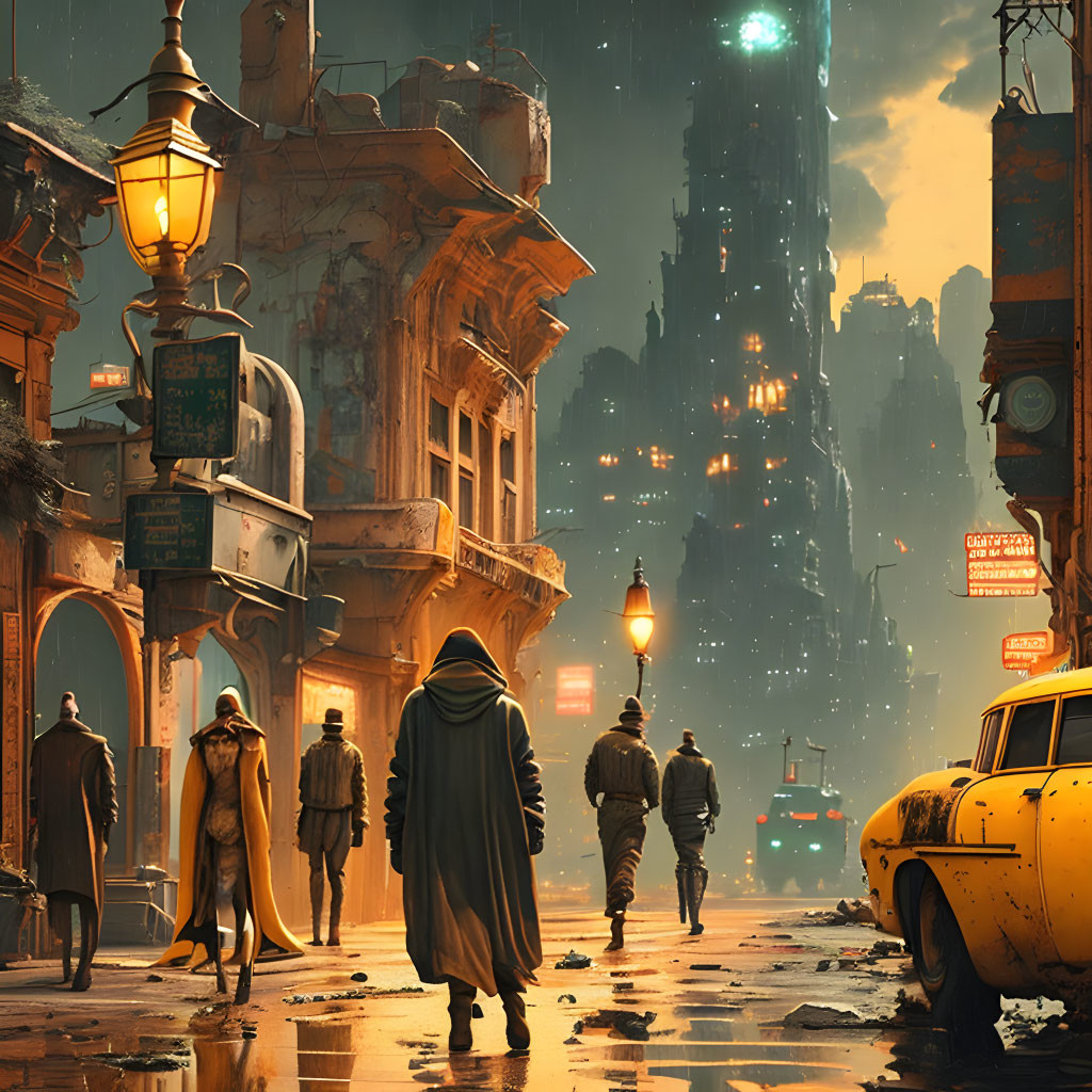 Dystopian cityscape with cloaked figures, vintage car & dark buildings