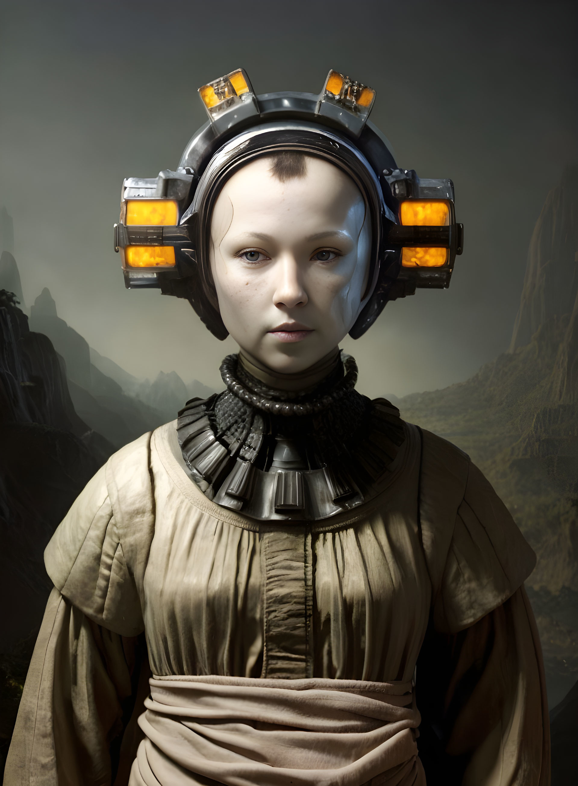 Futuristic attire with metallic headpiece against mountain backdrop