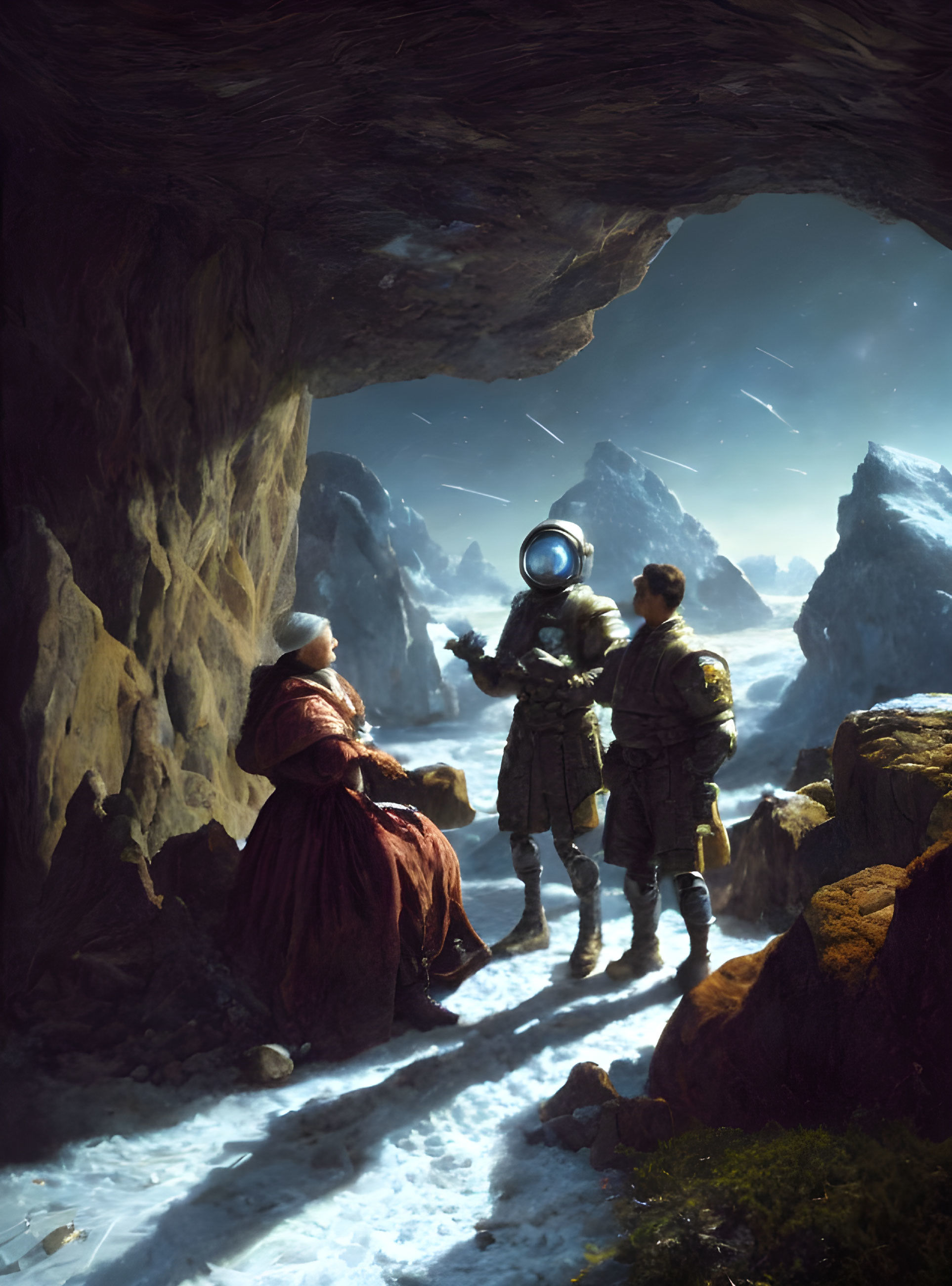 Three historical figures in cave entrance under night sky.