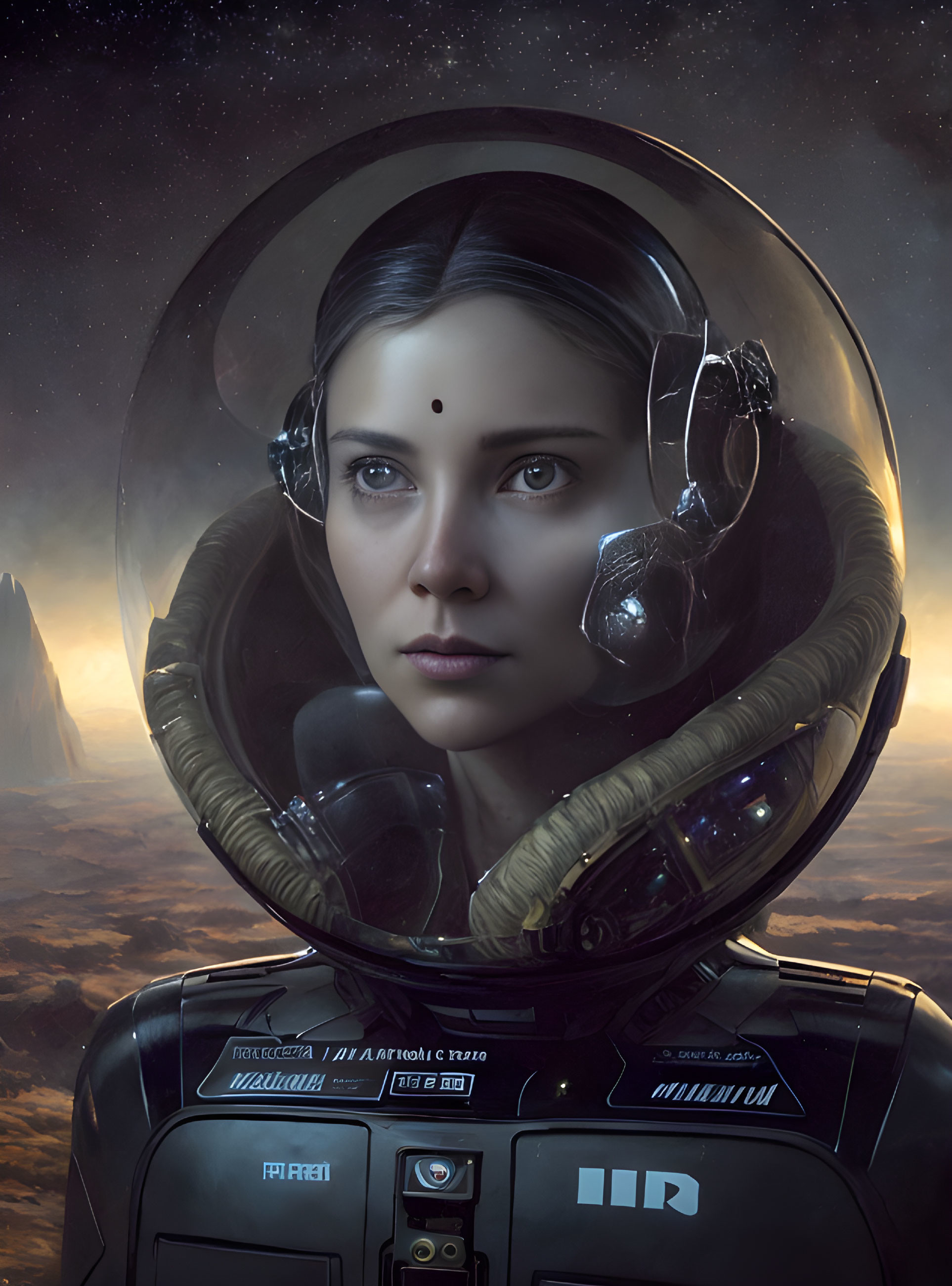 Detailed Futuristic Astronaut Suit with Glass Helmet in Alien Landscape