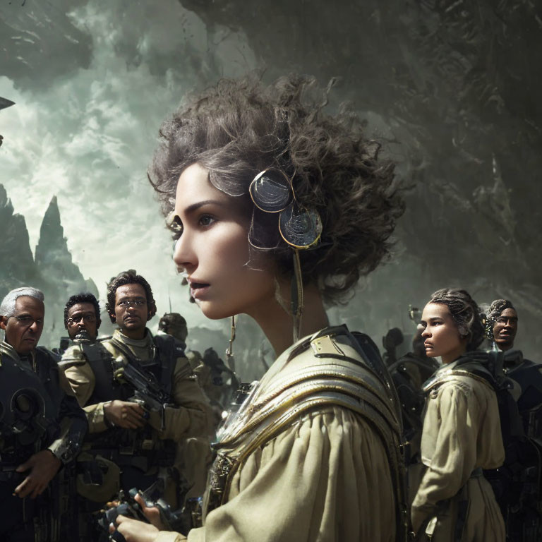 Woman with intricate hair design leads armed soldiers in dystopian setting