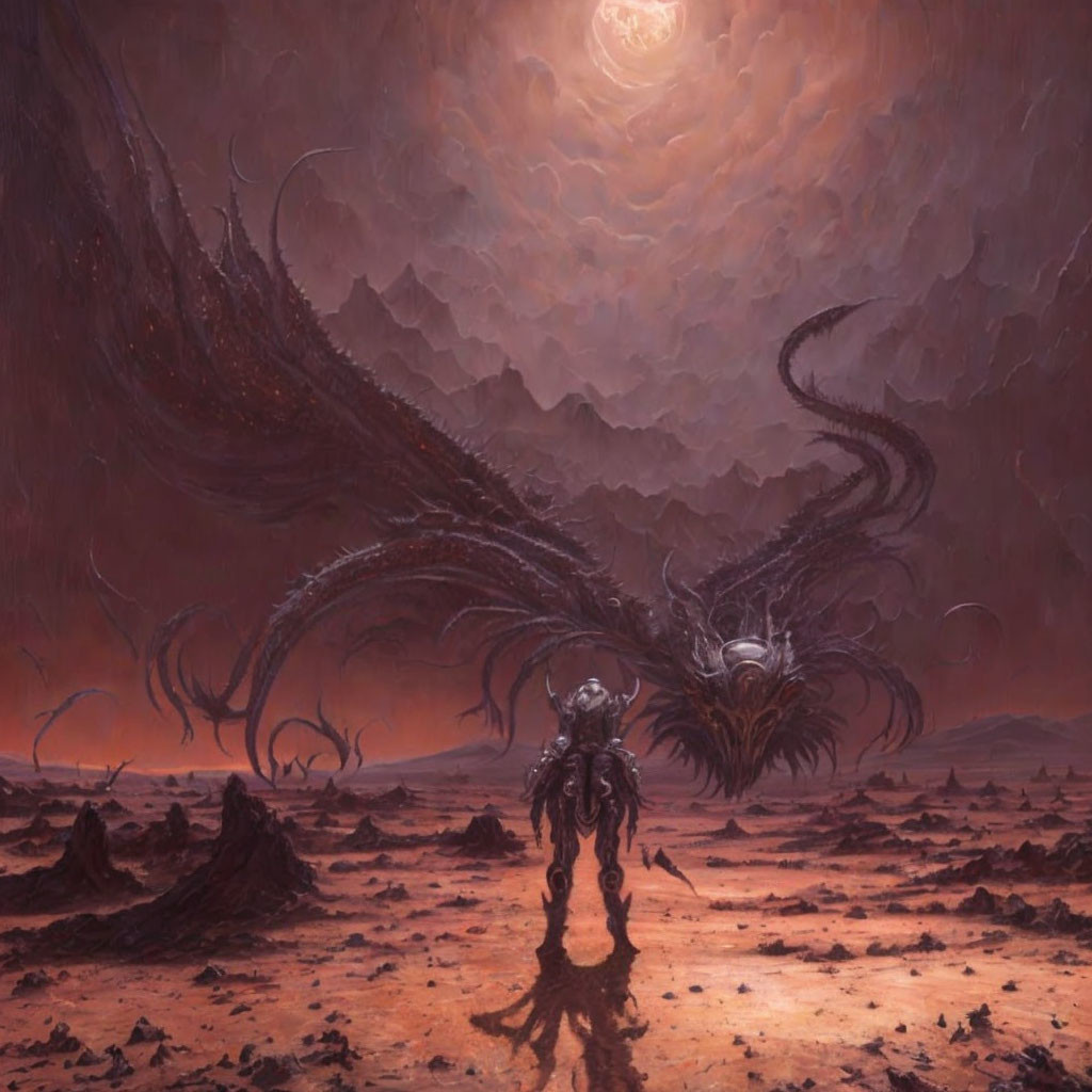 Desolate alien landscape with crimson sky and giant creature.